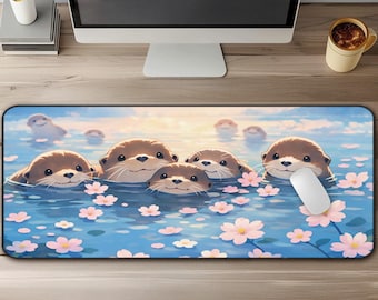 Kawaii Otters Desk Mat – Cute Large Mouse Pad with Floating Otters, Non-Slip Blue Desk Mat Cute for Gamers & Desk Decor, Kawaii Mouse Pad