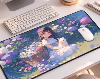 Anime Katze Schreibtischmatte, Kawaii Floral Mauspad, Pastell Schreibtischmatte, süße Gamer Schreibtischmatte, große Tastaturmatte, gemütliche Schreibtischdekoration