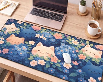 Süße Katzen Schreibtischmatte, Floral Mauspad, Kawaii Schreibtischmatte, Ästhetische Gaming Mauspad, Große Katze Schreibtischmatte, Gemütliche Schreibtisch Einrichtung