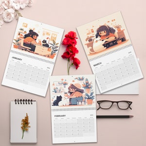 Kawaii Girl and Cat Diary Calendar 2024 | Kawaii Calendar 2024 | Cute Wall Calendar 2024 | Cute Kawaii 2024 Calendar | 2024 Chibi Calendar
