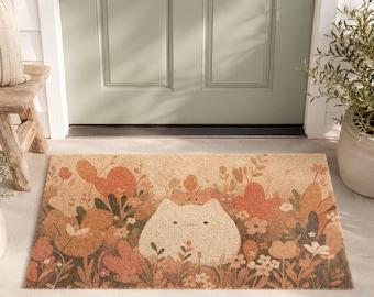 Paillasson botanique chat mignon 61 x 40 cm, tapis de bienvenue floral chat, tapis d'entrée Cottagecore, tapis d'entrée extérieur porche, cadeau de pendaison de crémaillère