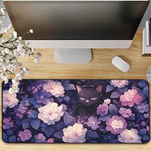 Kawaii Mysterious Black Cat Desk Mat, Cute Large Mouse Pad with Camellia Flowers, Anime Desk Mat Cute for Desk Decor, Gamers, Kawaii Gifts
