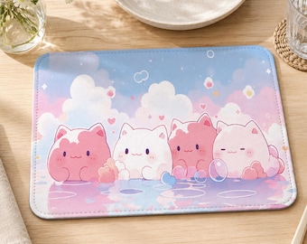 Set de table en cuir peluches Kawaii Kitty 9 x 7,5, tapis de table chat mignon, napperon rose pastel pour petite table, cadeaux de pendaison de crémaillère