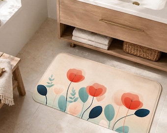 Tapis de bain floral beige orange en mousse à mémoire de forme, tapis de bain minimaliste, tapis absorbant en microfibre doux antidérapant, cadeau de pendaison de crémaillère, décoration de salle de bain