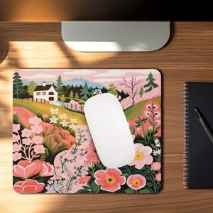 Cottagecore Rosa Blumen Maus Pad, kleines quadratisches Mauspad mit rosa Blumen Farm Design, niedliches Blumen Maus Pad für Arbeitsplatz, Schreibtisch, Spielen
