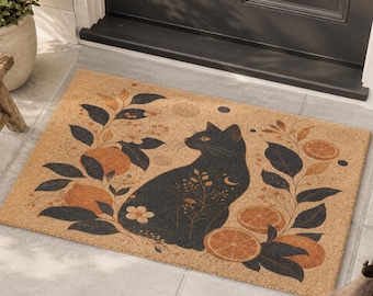 Paillasson chat noir, paillasson en fibre de coco agrumes, paillasson amoureux des chats, tapis d'entrée Cottagecore, déco d'entrée extérieure 61 x 40 cm, cadeau de pendaison de crémaillère