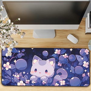 Kawaii Blueberry Dream Desk Mat, Cute Large Mouse Pad with Cat & Berries, Purple Blue Aesthetic Desk Decor, Non-Slip Cozy Gaming Mouse Pad