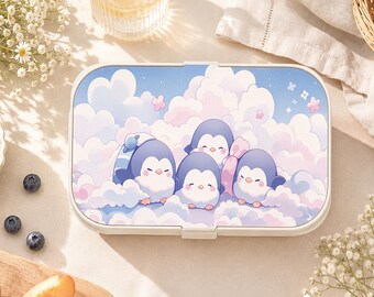 Boîte à bento pingouin kawaii, jolie boîte à lunch, boîte à bento bleu rose pastel, sans BPA, écologique pour l'école, le travail et le pique-nique, récipient pour nourriture