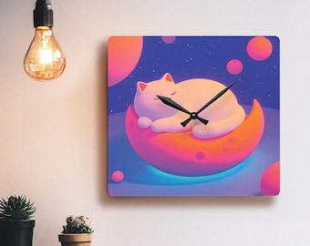 Kawaii Cosmic Cat Acrylic Wall Clock, Silent Round & Square Wall Clock, Cute Clock for Home Decor, Office, Gaming Setup, Kawaii Wall Clock