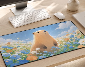 Tapis de bureau Kawaii Capybara et prairie de fleurs, joli sous-vêtement Cottagecore, tapis de jeu à fleurs bleues, grand tapis de souris antidérapant pour bureau, décoration de bureau