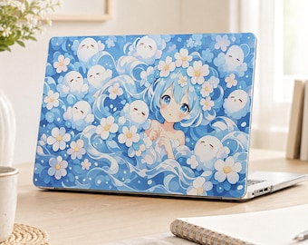 Coque MacBook Anime Girl with Flowers, coque transparente et mate, housse bleue esthétique pour MacBook, housse florale kawaii pour ordinateur portable, étui pour MacBook Air Pro