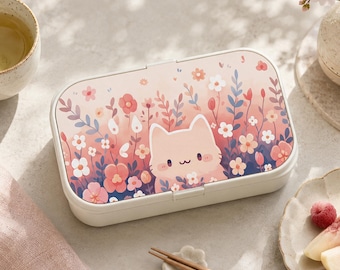 Boîte à bento chat fleuri kawaii, boîte à lunch mignonne, boîte à bento pêche avec couvercle en bois, sans BPA et écologique pour l'école, le travail et les pique-niques, cadeau de lunch mignon