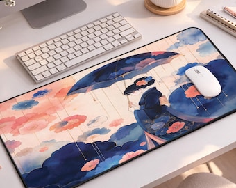 Tapis de bureau kimono pour fille, tapis de souris parapluie floral, sous-main rose marine, grand tapis de jeu antidérapant, décoration de bureau élégante et configuration de jeu