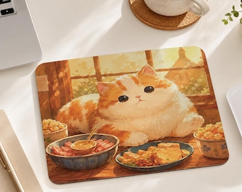 Tapis de souris chat orange kawaii, petit tapis de souris mignon en néoprène, tapis de souris de jeu antidérapant, tapis de souris de bureau chat gourmand et confortable