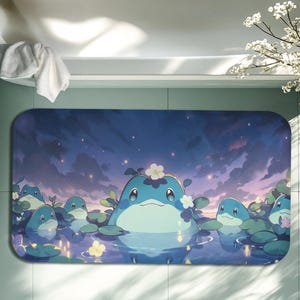 Kawaii Anime Bath Mat – Cute Memory Foam Bathroom Rug with Glowing Lotus Pond Design, Soft Non-Slip Kawaii Bathroom Decor, Kawaii Bath Rug