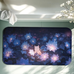 Kawaii Dark Blue Cat Bath Mat – Cute Bathroom Rug with Starry Night & Flowers, Soft Memory Foam, Cozy Aesthetic, Non-Slip Bathroom Decor