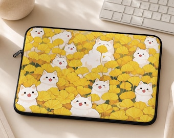 Housse pour MacBook, chats kawaii, feuilles de ginkgo et chats jaunes, housse confortable en polaire pour ordinateur portable pour Macbook, tablette, iPad, cadeau tech mignon
