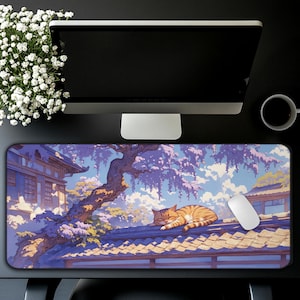 Aesthetic Cat Sleeping Desk Mat, Cute Large Mouse Pad, Purple Desk Mat Cute for Gamer & Desk Decor, Kawaii Desk Mat, Cute Mouse Pad Desk Pad