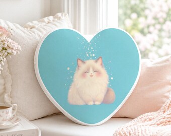 Coussin coeur kawaii pour chat, joli coussin décoratif chat Ragdoll, coussin coeur bleu, coussin chaton en polyester doux, cadeau pour amoureux des chats, décoration d'oreiller