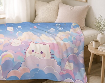 Kawaii Pastel Cloud Cat Fleece Sherpa Blanket, Cute Blue Pink Cozy Throw, Soft Cozy Plush Blanket for Bedroom, Sofa & Couch