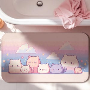 Kawaii Pink Bath Mat, Cute Memory Foam Bathroom Rug, Pastel Kitty Anti-Slip Mat, Soft Absorbent Floor Mat for Shower, Bedroom & Dorm Decor