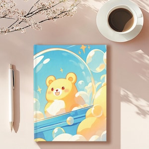 Kawaii Bubble Bear Journal – Cute Hardcover Notebook 5x7&quot; with Ruled or Blank Pages, Chibi Bear Diary, Kawaii Blue Notebook, Kawaii Journal