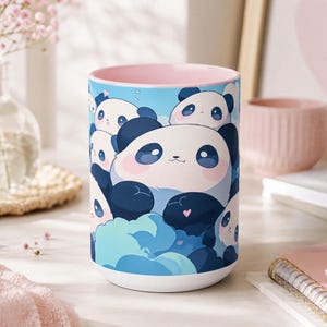 Kawaii Panda Mug 15oz, Cute Mug Aesthetic, Blue Panda Ceramic Coffee Cup, Pastel Animal Tea Mug, Panda Lover Gift Mug, Adorable Panda Cup
