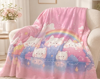 Couverture chat rose en polaire sherpa 50 x 60, jeté de chaton arc-en-ciel kawaii, jolie couverture chat pastel, couverture en peluche douce et confortable pour chambre à coucher, canapé et canapé