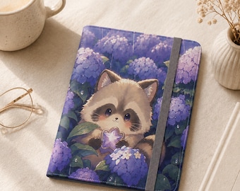 Étui folio pour iPad Kawaii Raton laveur violet, étui en cuir PU végan, étui pour iPad avec hortensia mignon, étui à support floral, cadeau, étui pour iPad Kawaii