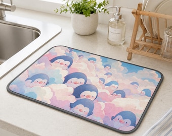 Tapis de séchage à vaisselle Kawaii Pingouin 36 x 61 cm, joli tapis de cuisine nuage, tapis d'évier pastel, tampon de séchage absorbant en microfibre de comptoir, décoration de cuisine