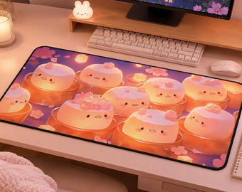 Kawaii Pudding Friends Desk Mat, Cute Pink Desk Pad, Pastel Sakura Non Slip Mouse Pad, Glowing Gaming Mat, Office & Desk Decor