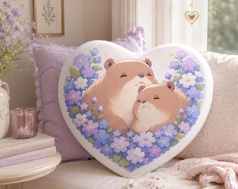 Coussin coeur loutre kawaii, coussin pour couple loutre mignon, coussin animal kawaii, coussin coeur floral, cadeau pour amoureux des loutres, décoration de coussin