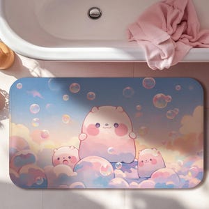 Kawaii Bubbles Bath Mat – Cute Memory Foam Bathroom Rug with Chubby Characters, Pastel Non-Slip Bath Decor, Kawaii Bathroom Mat