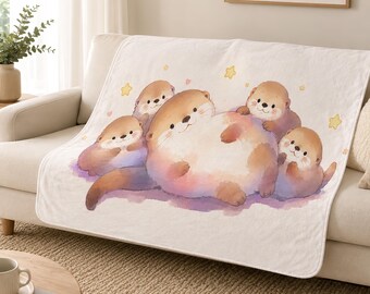 Couverture polaire sherpa Kawaii Loutres 50x60, jeté de lit Kawaii en polaire, douce et confortable beige à motifs de loutres, idéale pour la chambre, le canapé et le fauteuil.