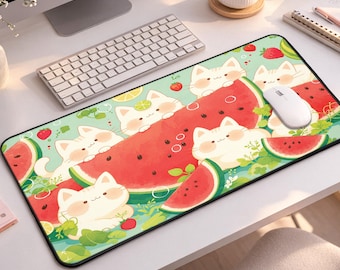 Tapis de bureau Kawaii Chats Pastèque, Tapis de souris gaming mignon, Tapis de bureau antidérapant en néoprène, Tapis de clavier fruité, Décoration de bureau et configuration gaming