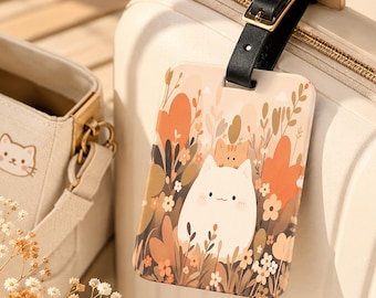 Étiquette à bagages chat botanique avec lanière en cuir, étiquette de voyage chat mignonne, étiquette de sac esthétique et identifiant de valise, accessoires de voyage, cadeau de voyage