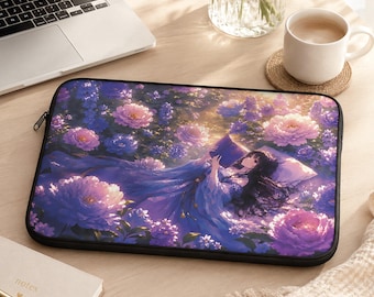 Housse pour ordinateur portable 13" et 15" à motif floral violet, sacoche pour ordinateur portable avec une adorable fille d'anime, sac rembourré doux style livres, housse en polaire douce pour tablette iPad MacBook