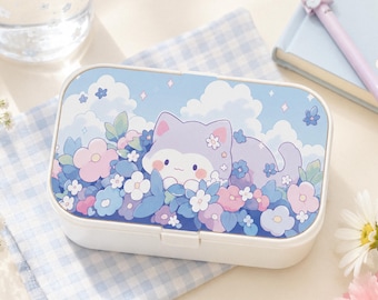 Boîte à bento chat violet, boîte à lunch florale kawaii, récipient pour nourriture pour chaton mignon, bento nuage pastel, sans BPA, respectueux de l'environnement pour le pique-nique du travail scolaire