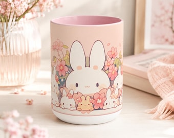 Kawaii Bunnies and Flowers Mug 15oz, Cute Pink Ceramic Coffee Cup with Bunny Design, Dishwasher & Microwave Safe, Cute Mug Aesthetic