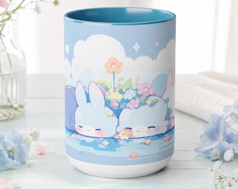 Kawaii Bunnies in Dreamland Mug, Ceramic Coffee Cup 15oz, Cute Mug Aesthetic, Pastel Coffee Cup, Floral Accent Mug, Cute Tea Mug