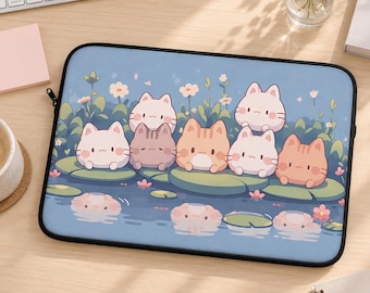 Kawaii Cats & Nature Laptop Sleeve 13" 15", Cute Cat Laptop Bag, Soft Protective Bag Cover for Macbook, iPad, Tablets