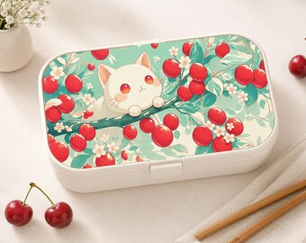 Boîte à bento Chat Cerise Kawaii, Boîte à déjeuner mignonne, Boîte à bento chat esthétique sans BPA et écologique pour l'école, le travail et les pique-niques, Contenant alimentaire mignon