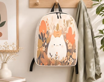 Sac à dos Kawaii Chat Floral, Sac à dos en polyester imperméable crème et orange à motifs botaniques, Sac pour ordinateur portable, Sac à dos de voyage mignon, Sac à dos minimaliste