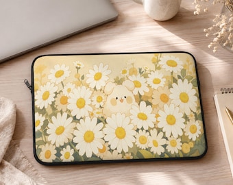 Housse pour ordinateur portable Kawaii Daisy Puppy 13" et 15", motif floral mignon, housse rembourrée en polaire douce jaune pour tablette, iPad et MacBook