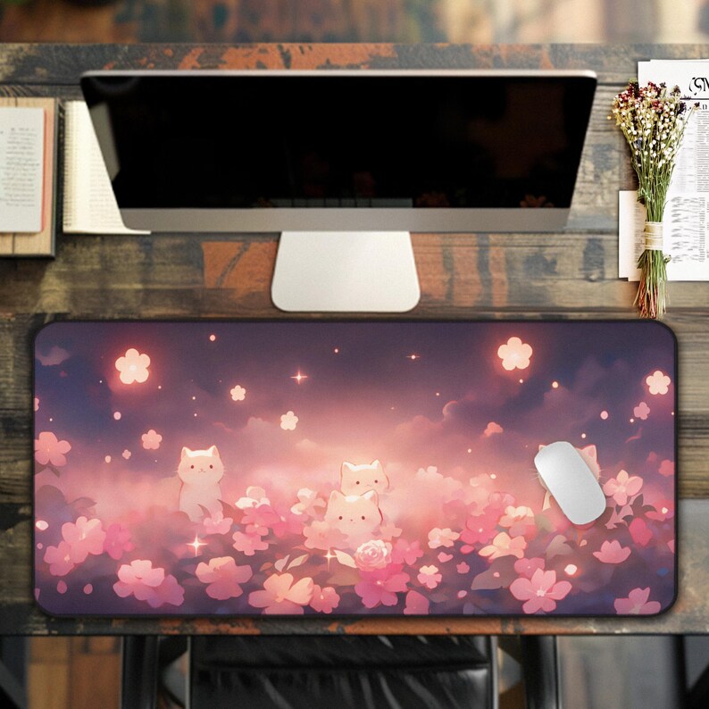 May include: A rectangular mousepad featuring a whimsical design with cartoon cats amidst pink cherry blossoms and a starry sky. A white computer mouse rests on the pad. The color palette includes pink, purple, and white.