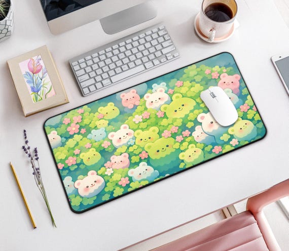 Clover Bear Desk Mat, Neoprene Mouse Pad, Non-Slip Rubber Backing, Hemmed Edges, Kawaii Cute Desk Decor, Large Floral Office Mat