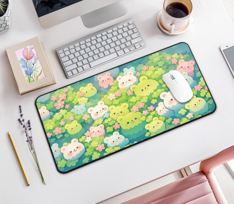 Clover Bear Desk Mat, Neoprene Mouse Pad, Non-Slip Rubber Backing, Hemmed Edges, Kawaii Cute Desk Decor, Large Floral Office Mat