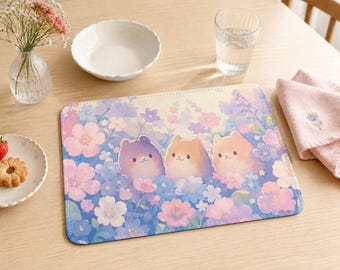 Kawaii Cat & Floral Leather Placemat 9inx7.5in, Pastel Purple Blue Dining Table Mat (1 Piece)
