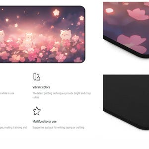 May include: A rectangular mousepad featuring a whimsical illustration of white cat-like characters amidst pink flowers and a starry sky. The mousepad has a non-slip bottom and hemmed edges. The vibrant colors are achieved through the latest printing techniques.