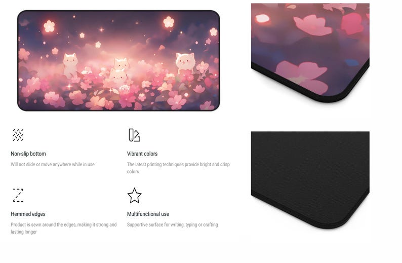 May include: A rectangular mousepad featuring a whimsical illustration of white cat-like characters amidst pink flowers and a starry sky. The mousepad has a non-slip bottom and hemmed edges. The vibrant colors are achieved through the latest printing techniques.